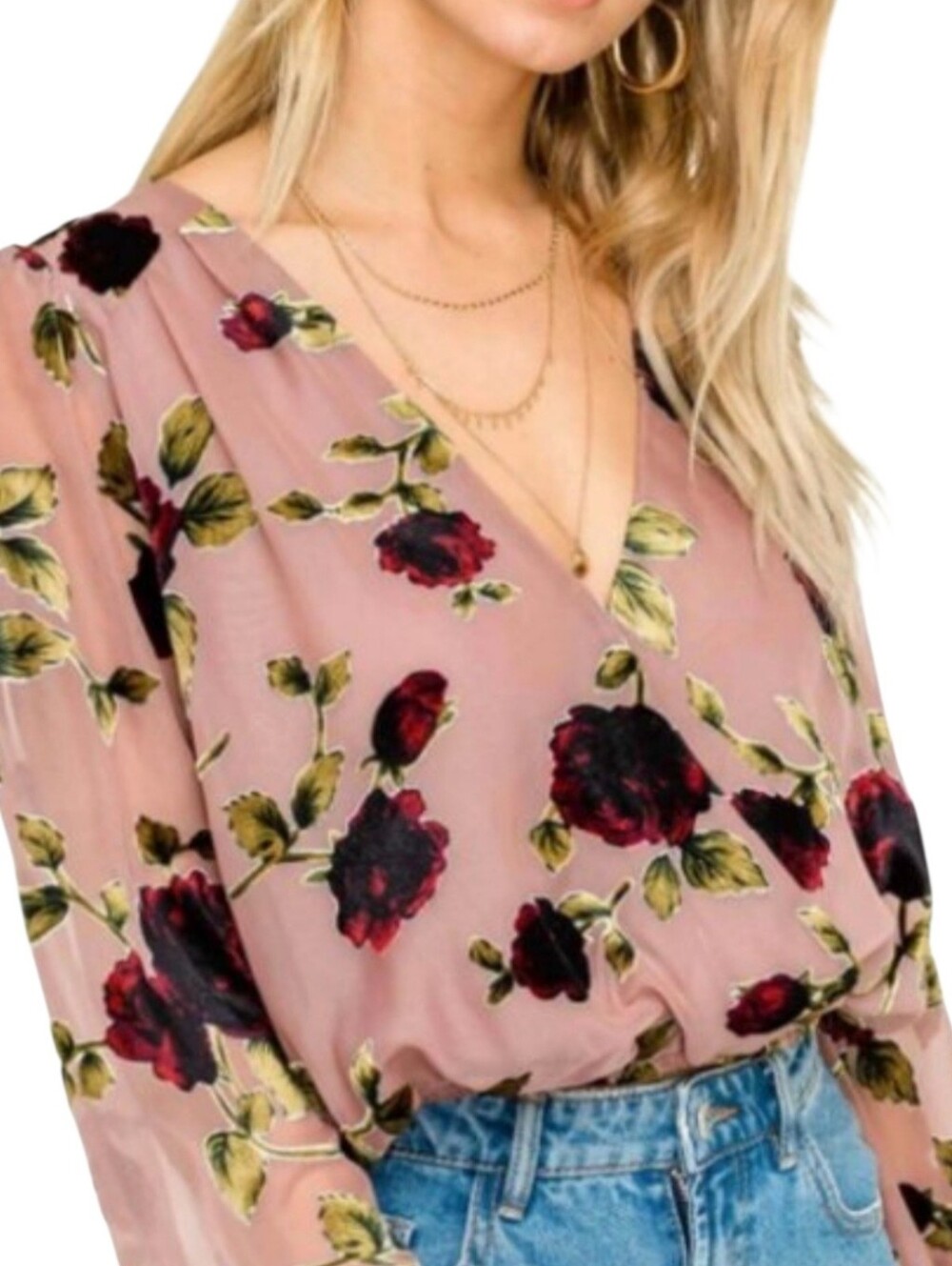 ASTR the Label Light Brown Chiffon with Velvet Roses Crop Top Size XL